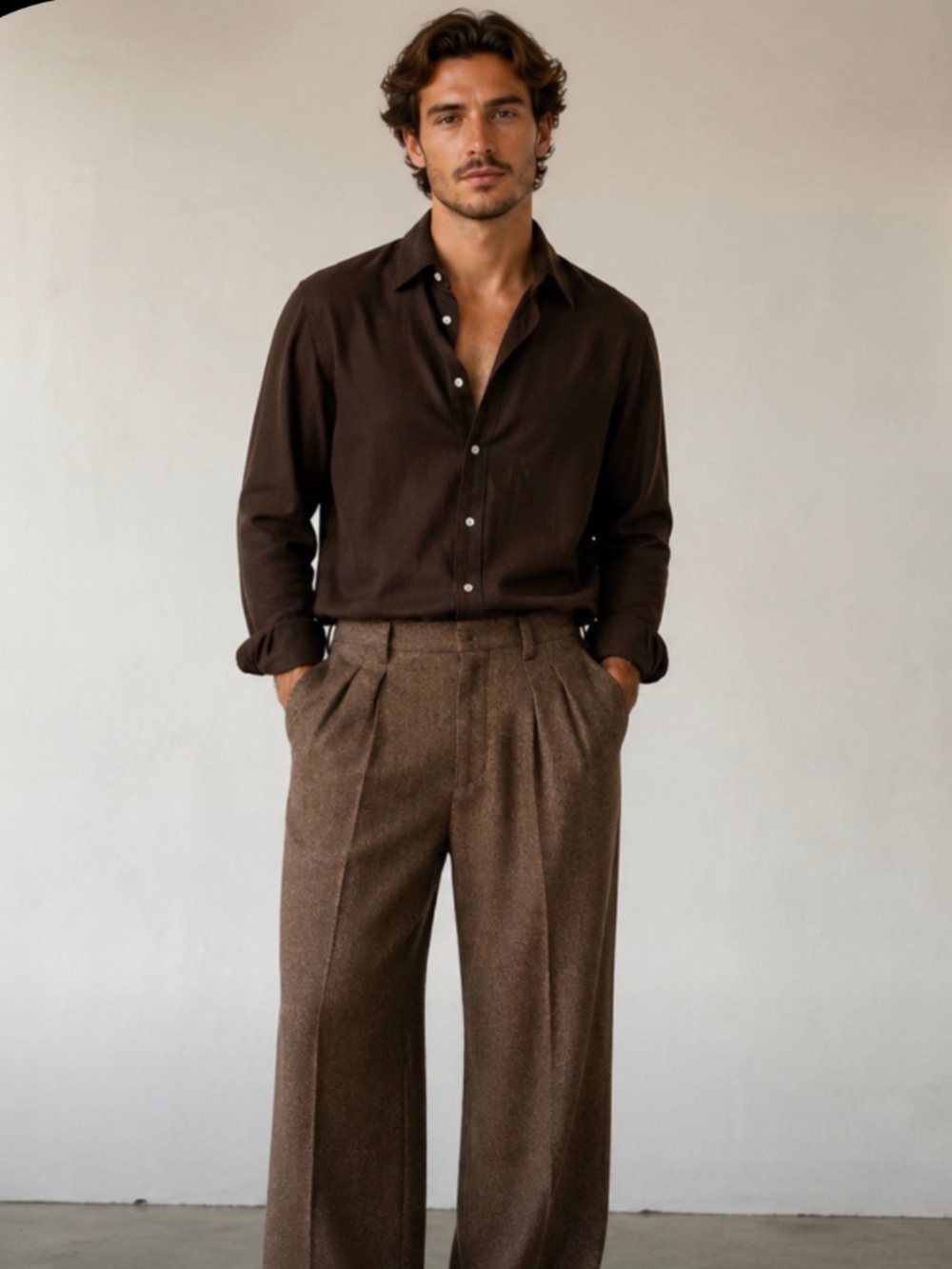 Topman Wide Leg Pleated Herringbone Trousers – Brown – W30